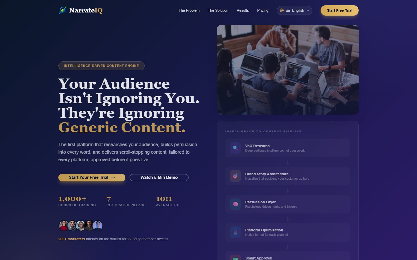Screenshot of the NarrateIQ AI content platform